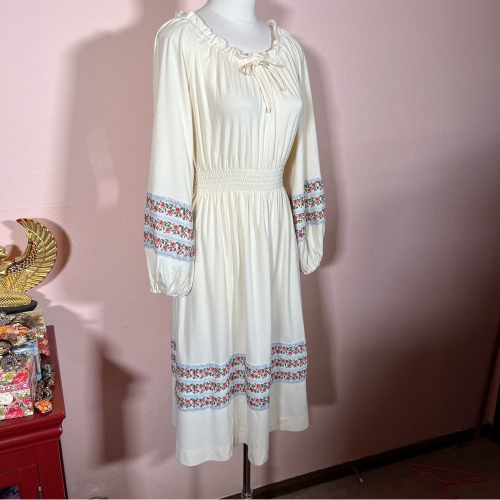 Vintage 1970 Bohemian Prairie Yves Jennet Cream Rose floral Cottagecore Dress M - Picture 6 of 17